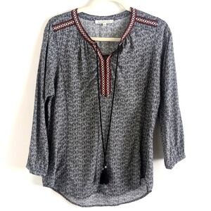 ANTHROPOLOGIE Daniel Rainn Bohemian Tunic Blouse Tassels in Black and White S